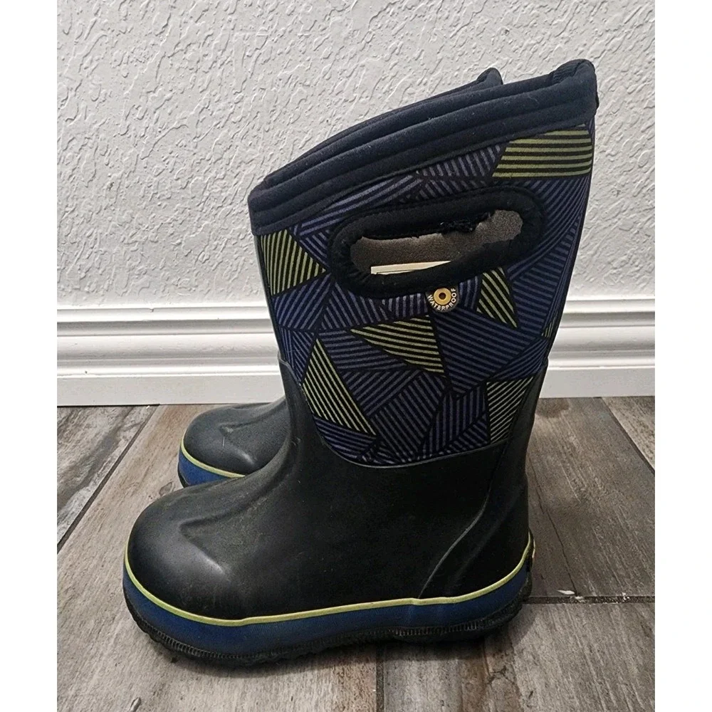 Bogs Neo Classic GEO Green Waterproof Snow Rain Boots Black Pull Sz 10